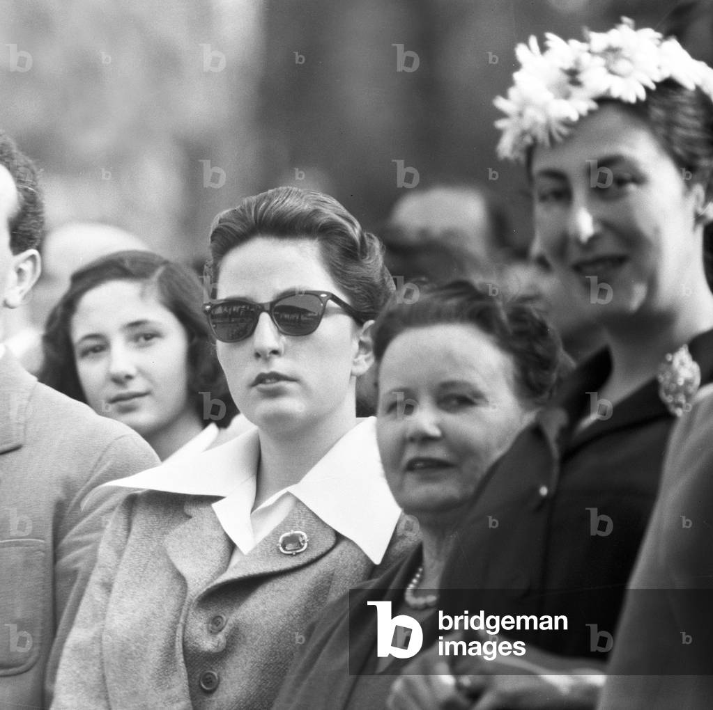 Marie Louise of Bulgaria at a horse race, Italy, 1956 (b/w photo)