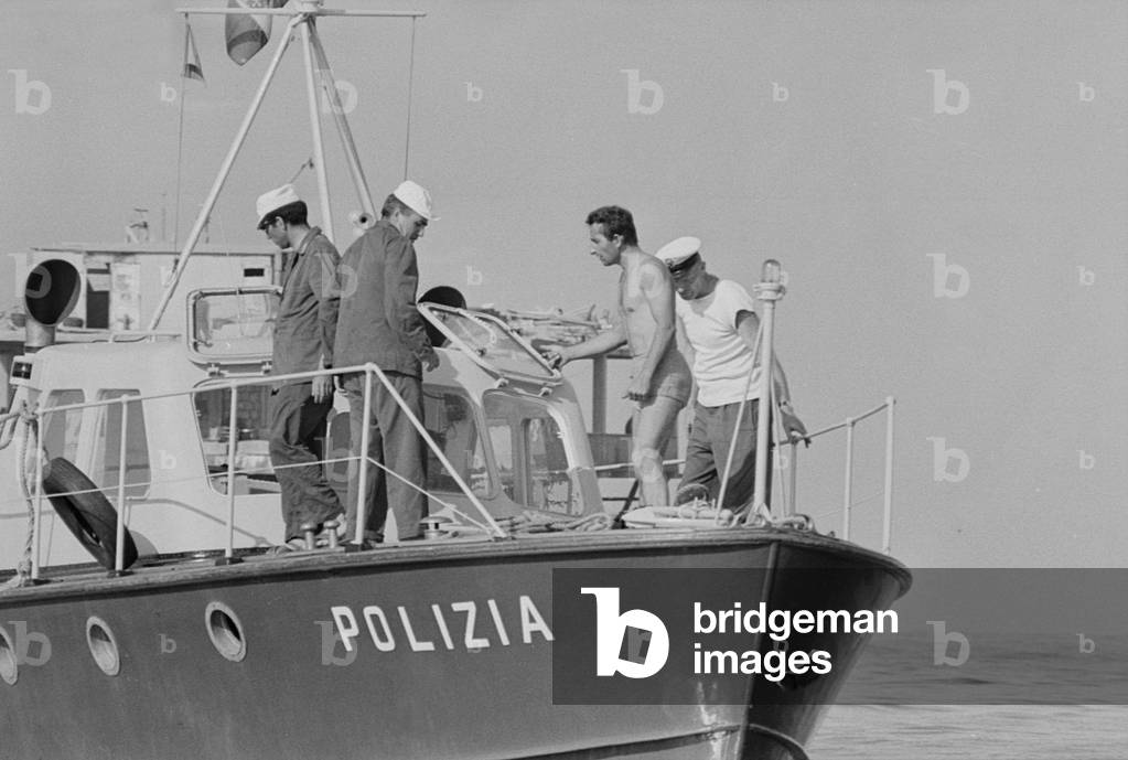 Giorgio Rosa, founder of the steel platform off the coast of Rimini, Italy, 1968 (b/w photo)