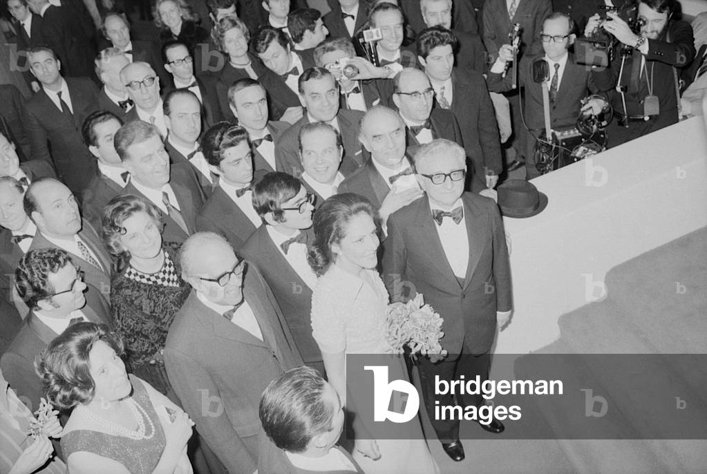 Giovanni Leone, his wife Vittoria and Mariano Rumor at the inauguration of the Teatro Regio in Turin, Italy, 1973 (b/w photo)