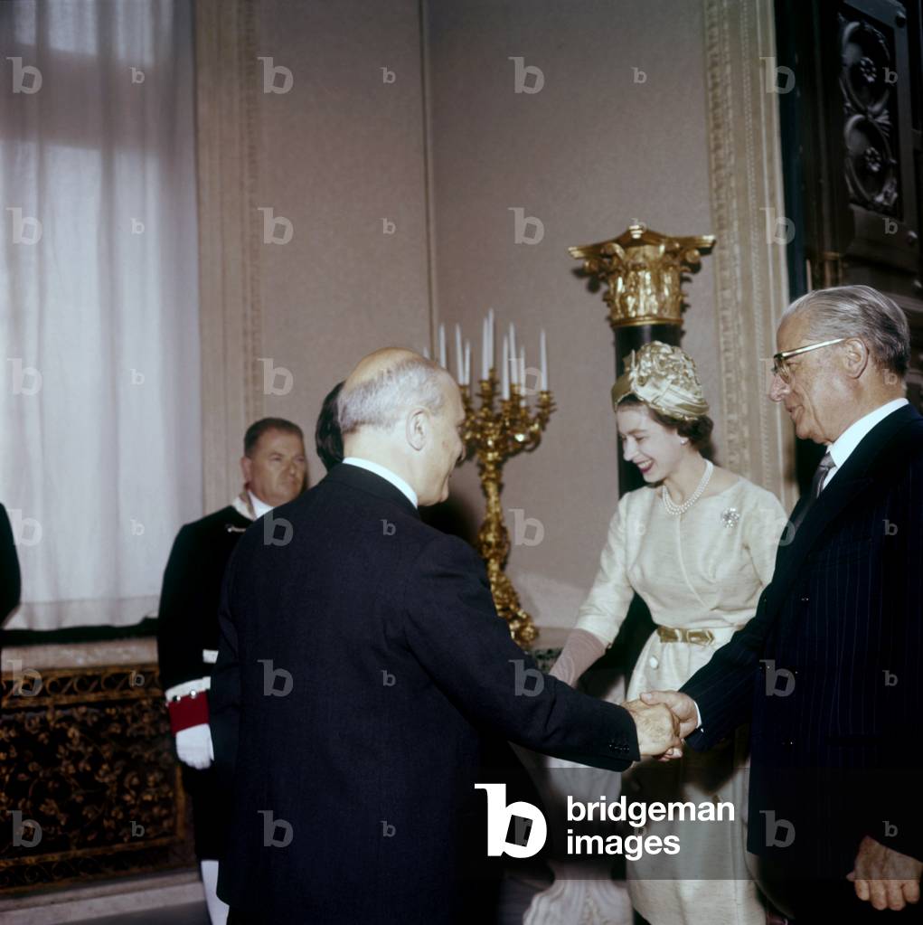 The Queen Elizabeth at the Quirinal Palace with Giovanni Gronchi and Amintore Fanfani