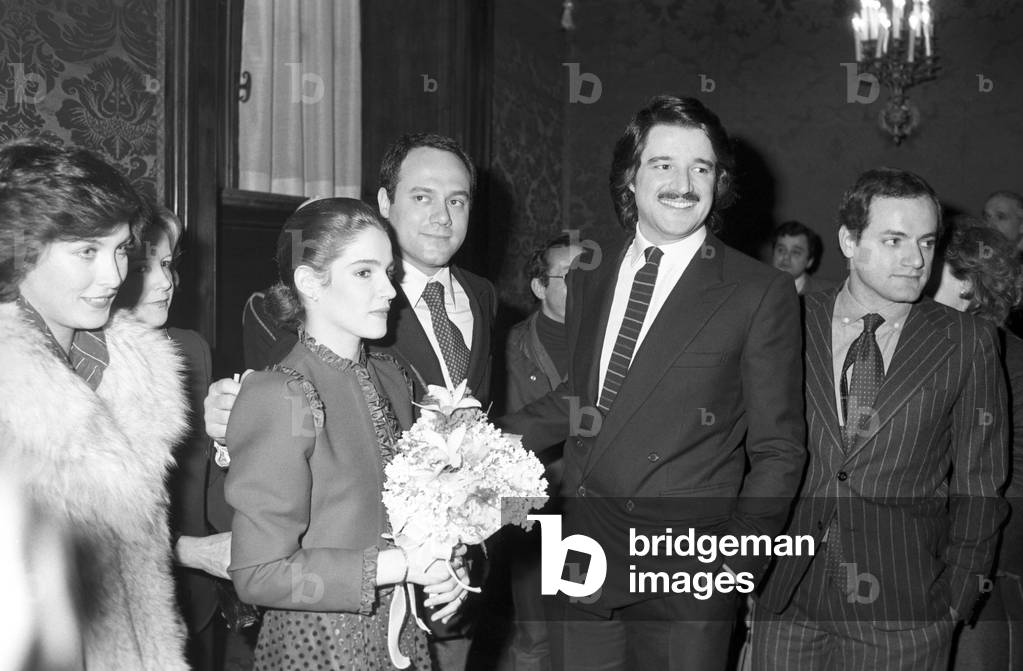 Wedding of Christian De Sica and Silvia Verdone, Italy, 1980 (b/w photo)