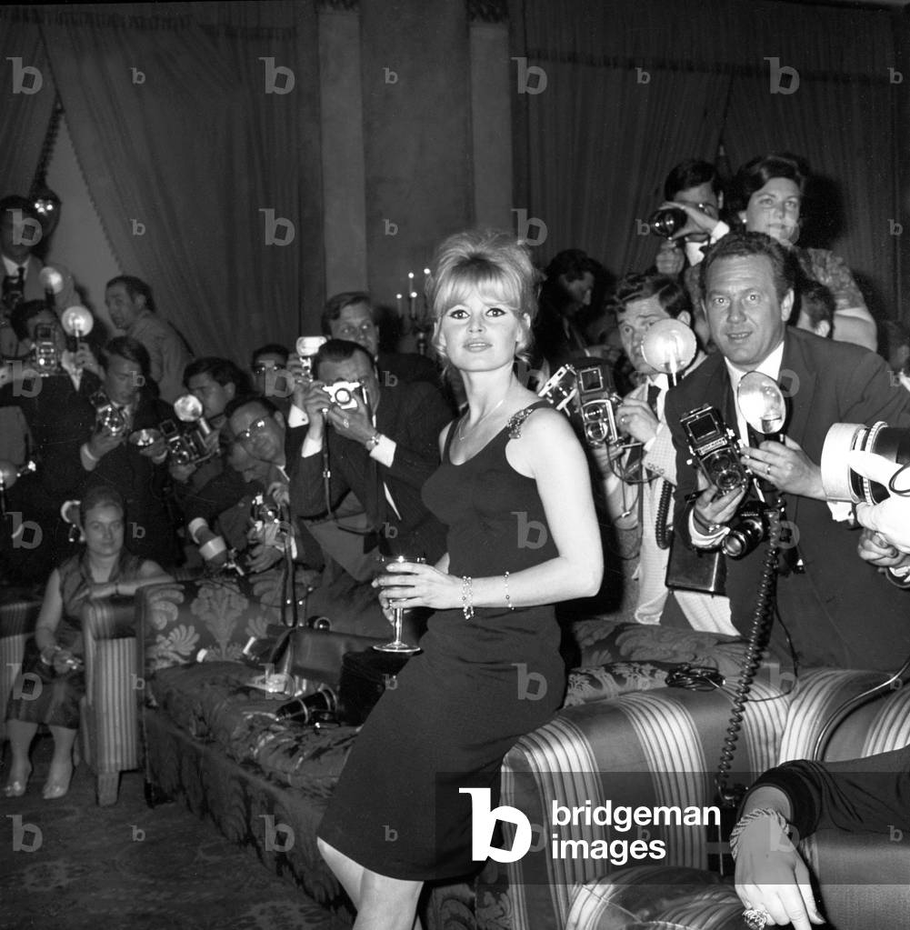 Brigitte Bardot at press conference, Italy, 1963 (b/w photo)