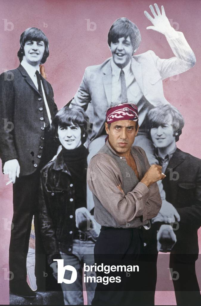 Adriano Celentano near a poster of The Beatles, Italy, 1984