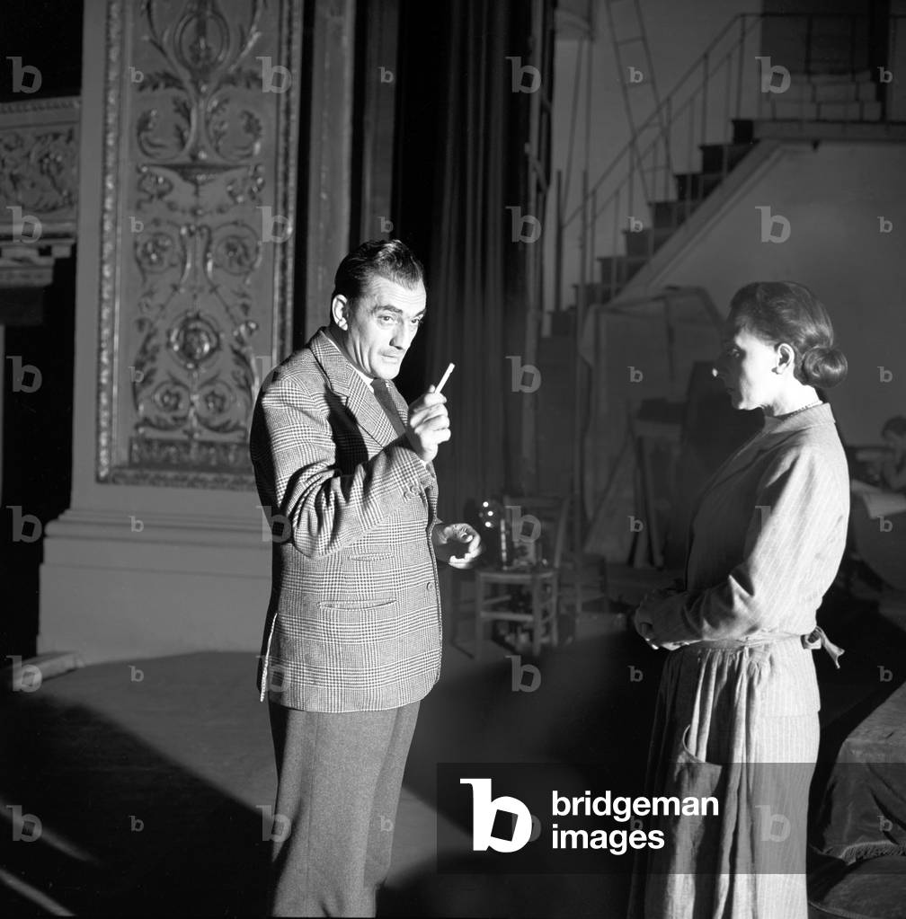 Luchino Visconti at the rehearsals for a theatrical performance, Italy, 1955 (b/w photo)
