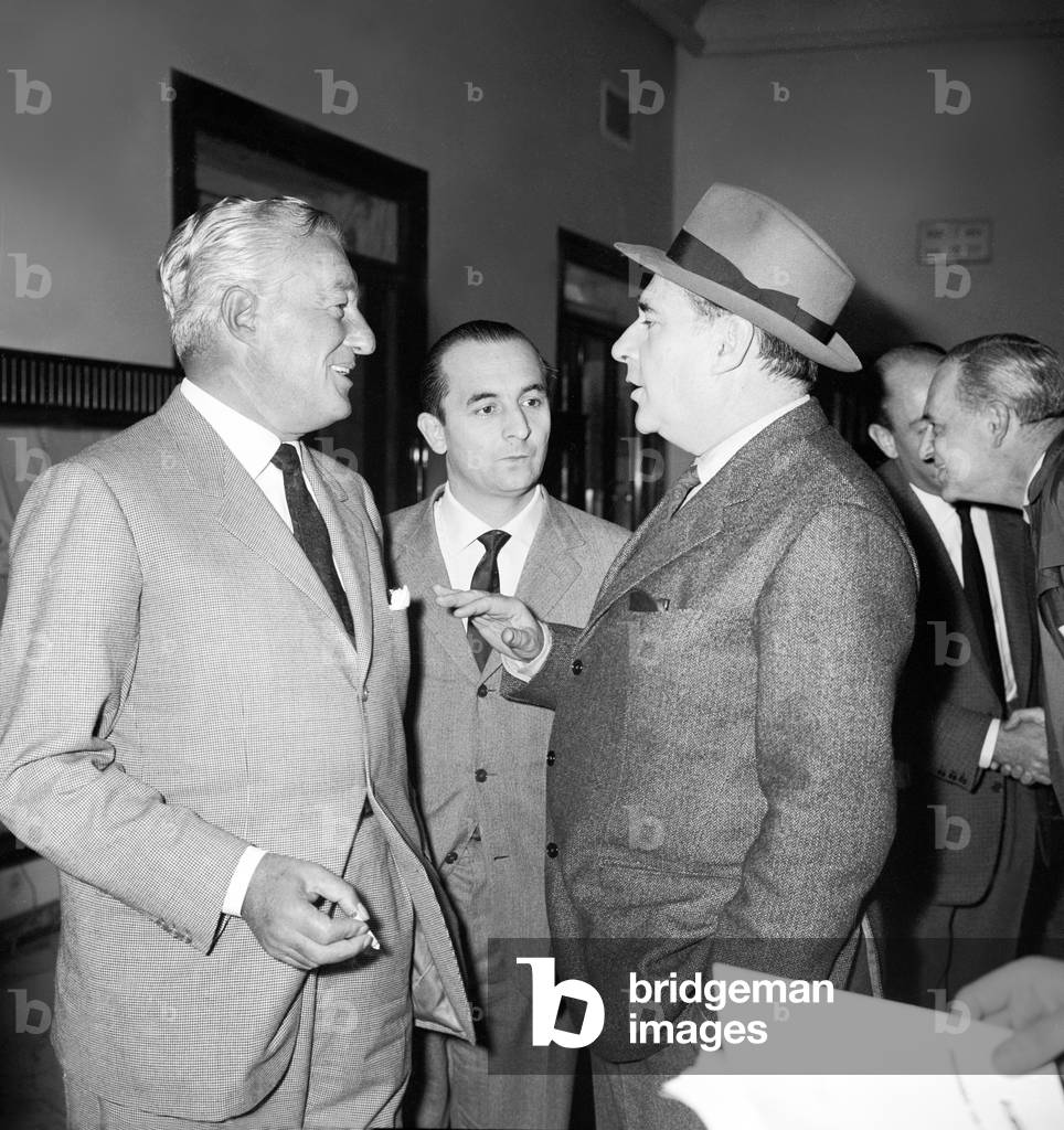 Vittorio De Sica and Roberto Rossellini at a congress, Italy, 1961 (b/w photo)