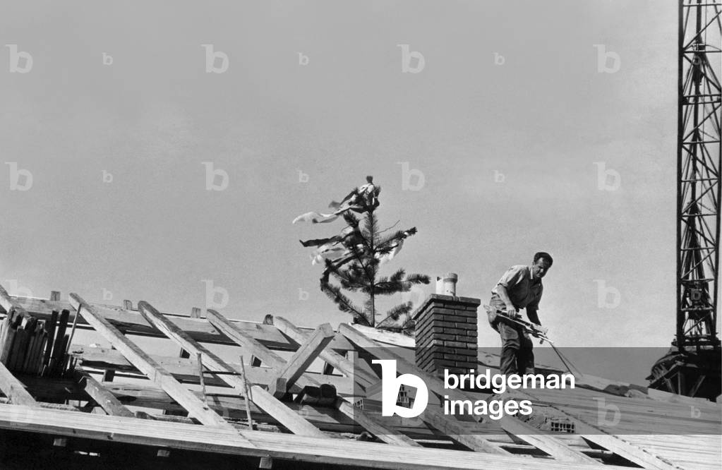 A roof with a spruce decorated with red and white ribbons, Termeno, Italy
