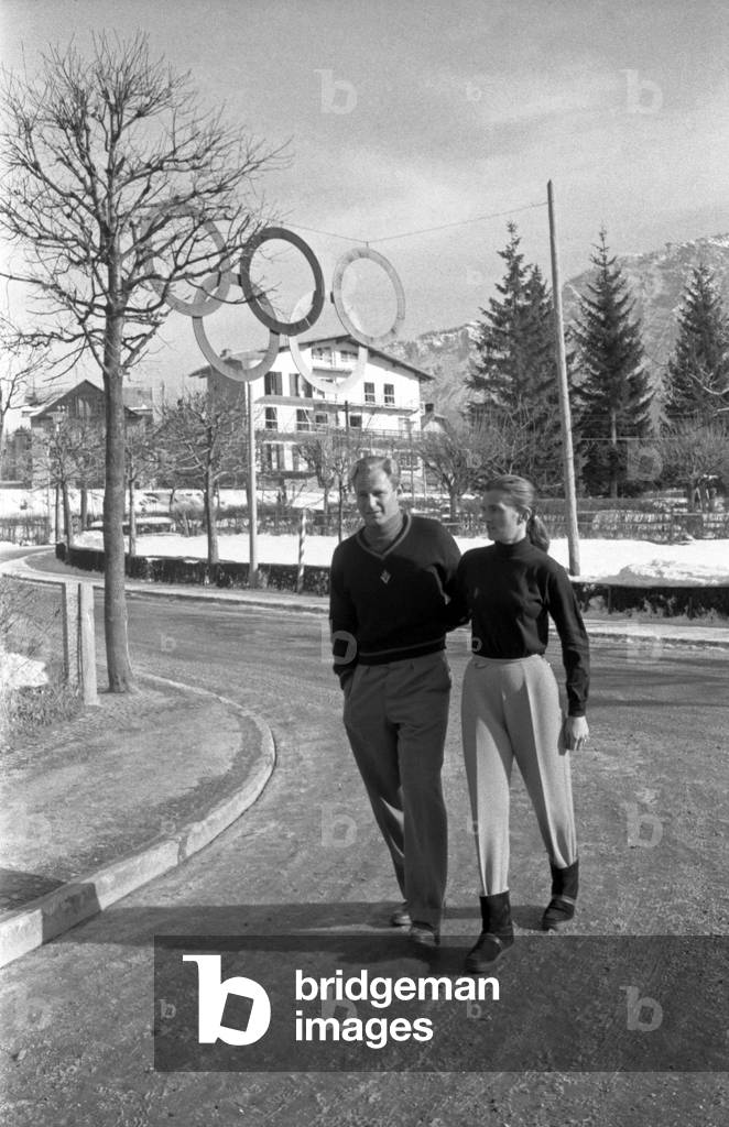Andrea Mead Lawrence and David J. Lawrence, Winter Olympics, Cortina d'Ampezzo, Italy, 1956 (b/w photo)