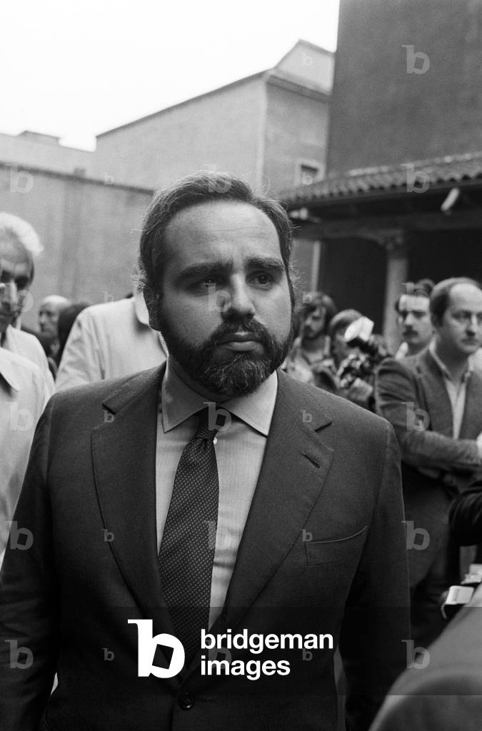 Angelo Rizzoli at the funeral of Walter Tobagi, Milan, Italy, 1980