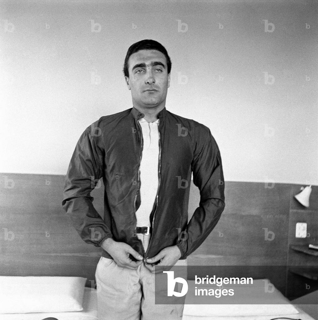 Eugenio Castellotti wearing his racing jacket, Brescia, Italy