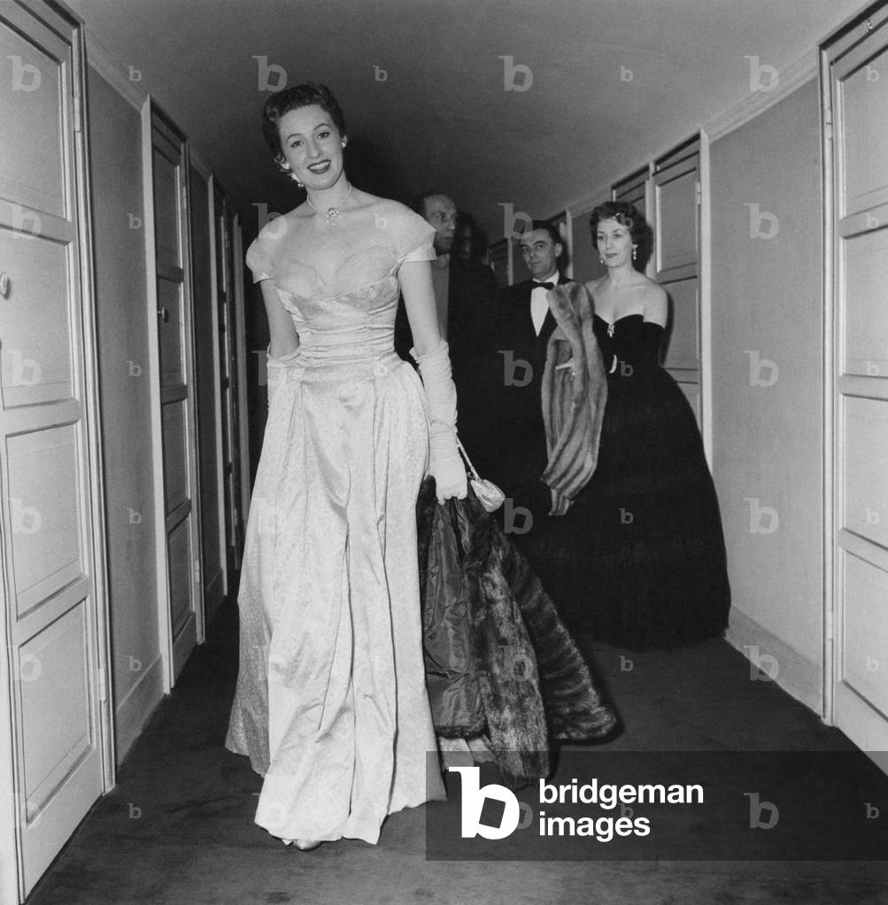 Fulvia Colombo at the premiere of La Scala theatre, Italy, 1953 (b/w photo)