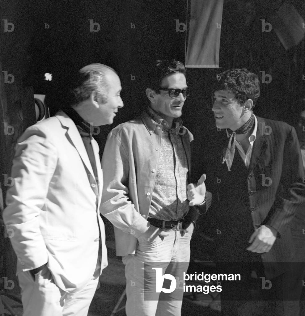 Pier Paolo Pasolini and Ninetto Davoli on the film set of Ostia, Italy, 1970 (b/w photo)