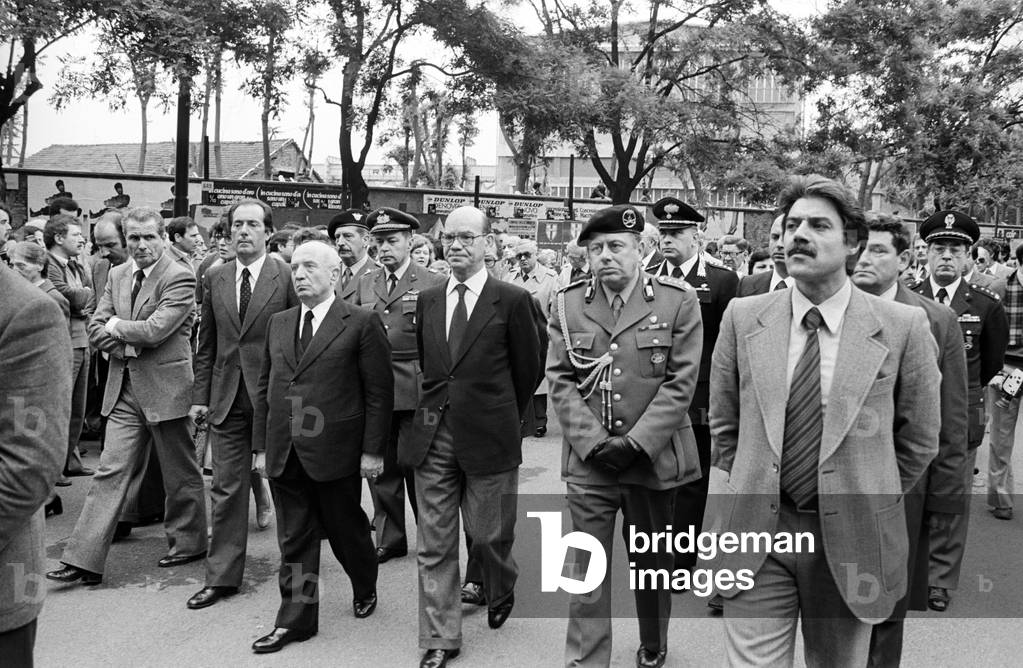 Amintore Fanfani at the funeral of Walter Tobagi, Milan, Italy, 1980