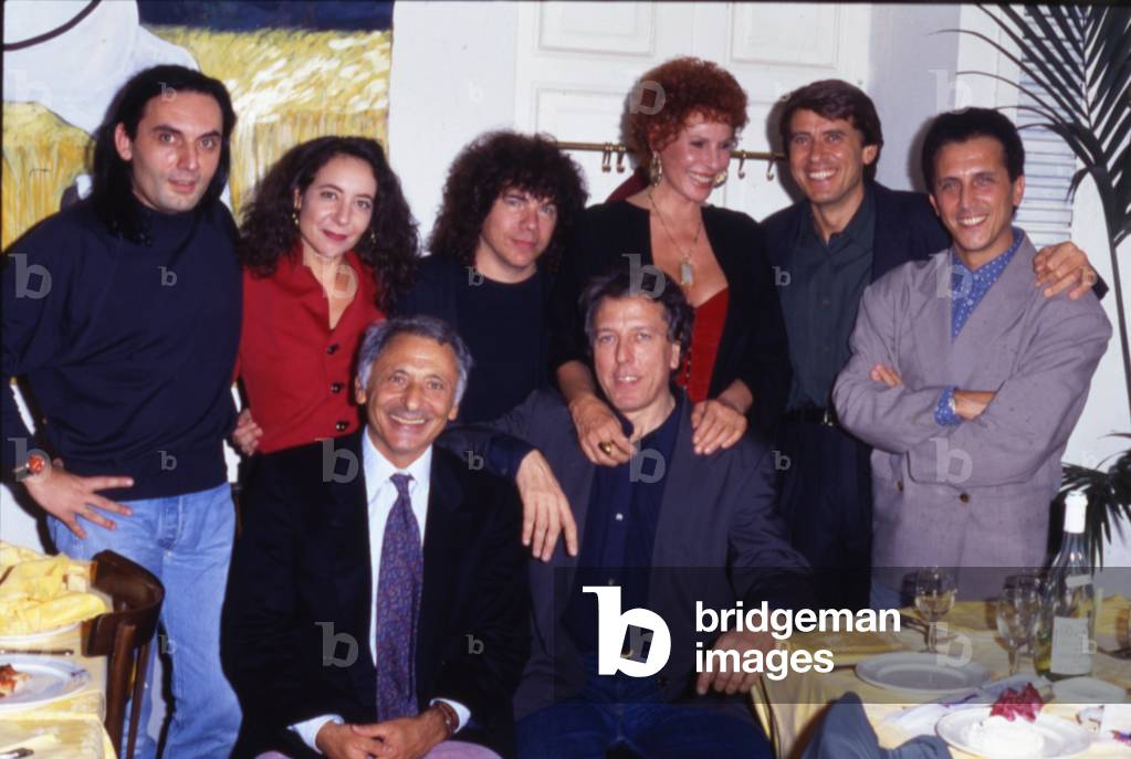 Mogol with Mango, Gianni Bella, Mario Lavezzi, Riccardo Cocciante, Ornella Vanoni and Gianni Morandi, Italy, 1980 (photo)
