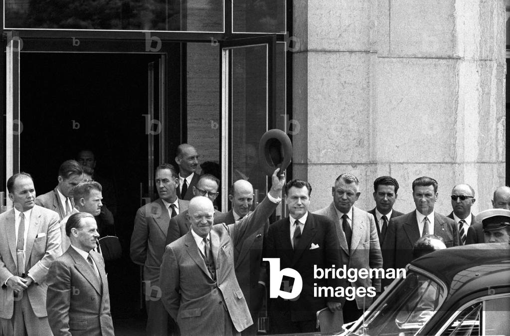 Dwight Eisenhower greeting the crowd at the Geneva Summit, Geneva, Switzerland