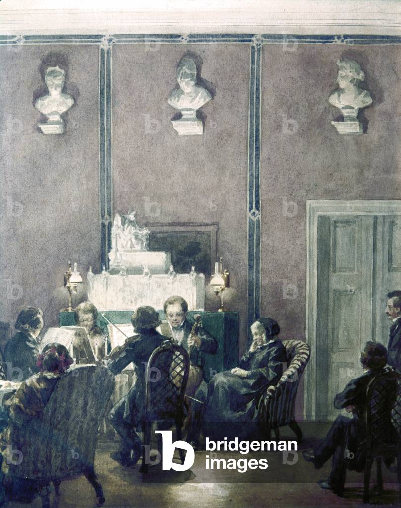 Musical evening at the house of Bettina Brentano, by Carl Johann Arnold, 1856, 19th Century, watercolour