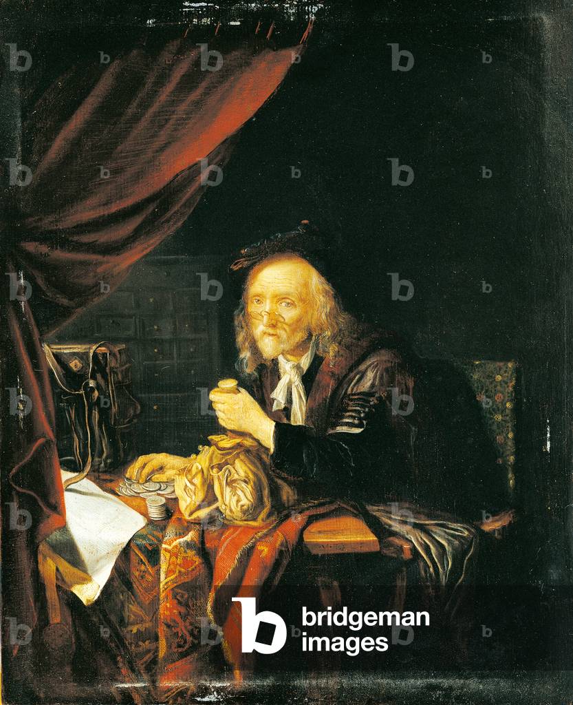 The Miser, by Dominicus van Tol, ca. 1650 - 1675, 17th Century, oil on panel, 39 x 32 cm