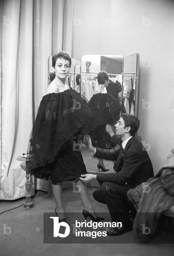 Annie Girardot posing in a Pino Lancetti's dress, 1962 (b/w photo)