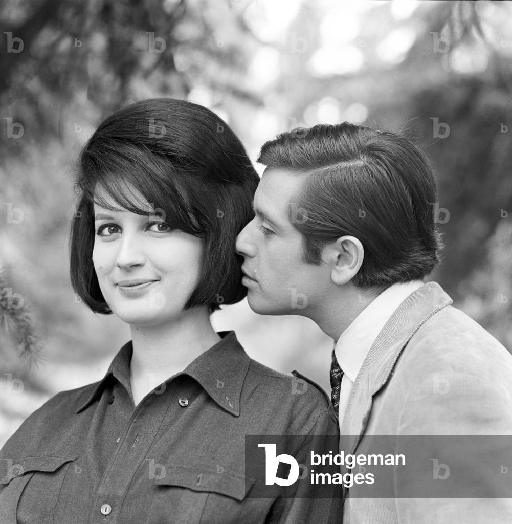Mina and Corrado Pani on a movie set, Italy, 1963 (b/w photo)