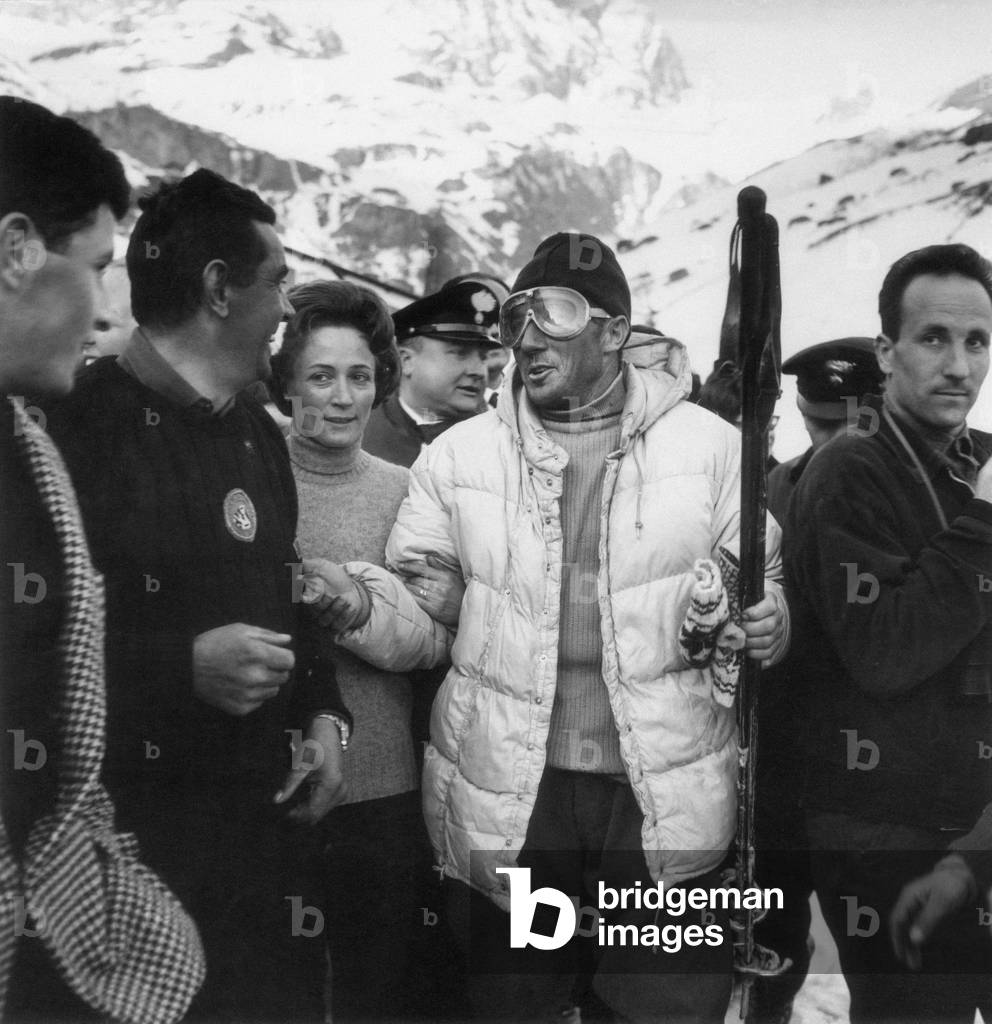 Walter Bonatti with some friends after his last climbing, Breuil Cervinia, Italy