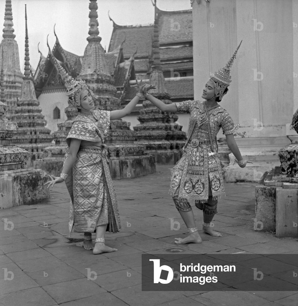 Young Thai dancers performing a traditional dance, Bangkok, 1961 (b/w photo)