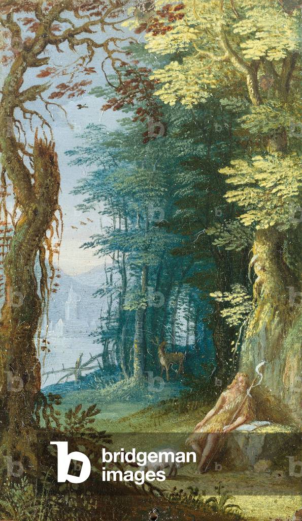 Woded Landscape with St. John the Baptist, by Unknown Flemish artist, 17th Century, oil on copper, 7 x 5 cm