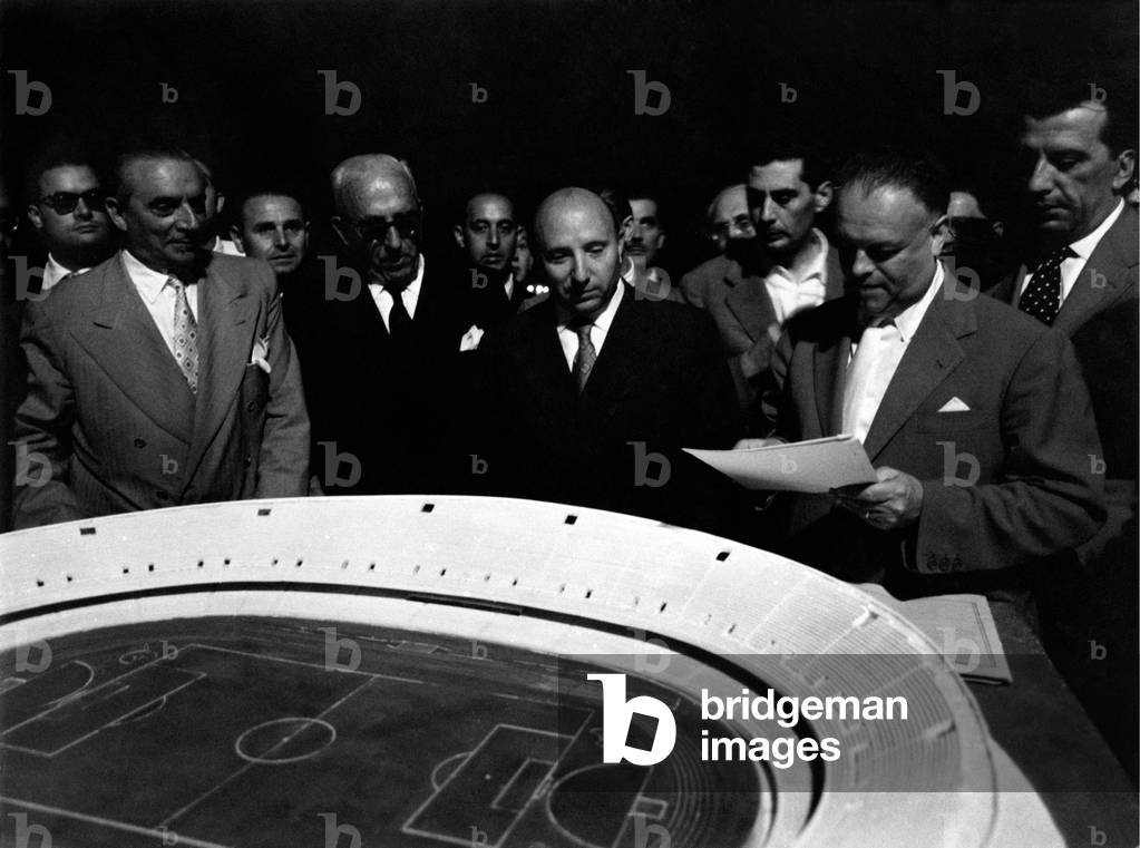 Mario Scelba in front of the scale model of San Paolo Stadium of Naples, Naples, Italy