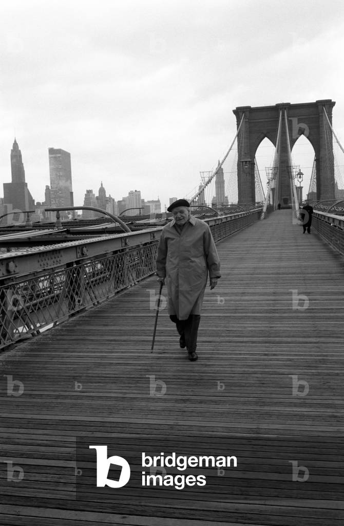 The Italian poet Giuseppe Ungaretti on the Brooklyn Bridge, New York, United States