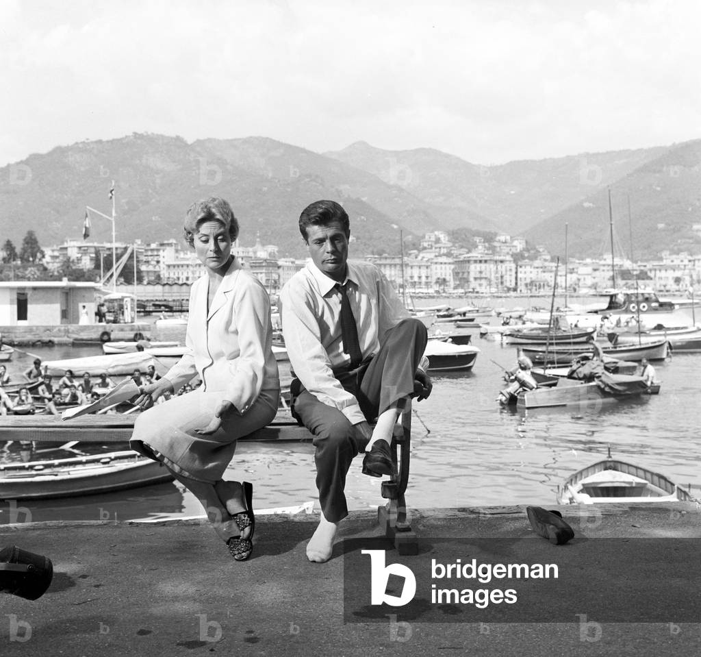 Marcello Mastroianni and Michèle Morgan on the set of Love on the Riviera, Italy, 1958 (b/w photo)