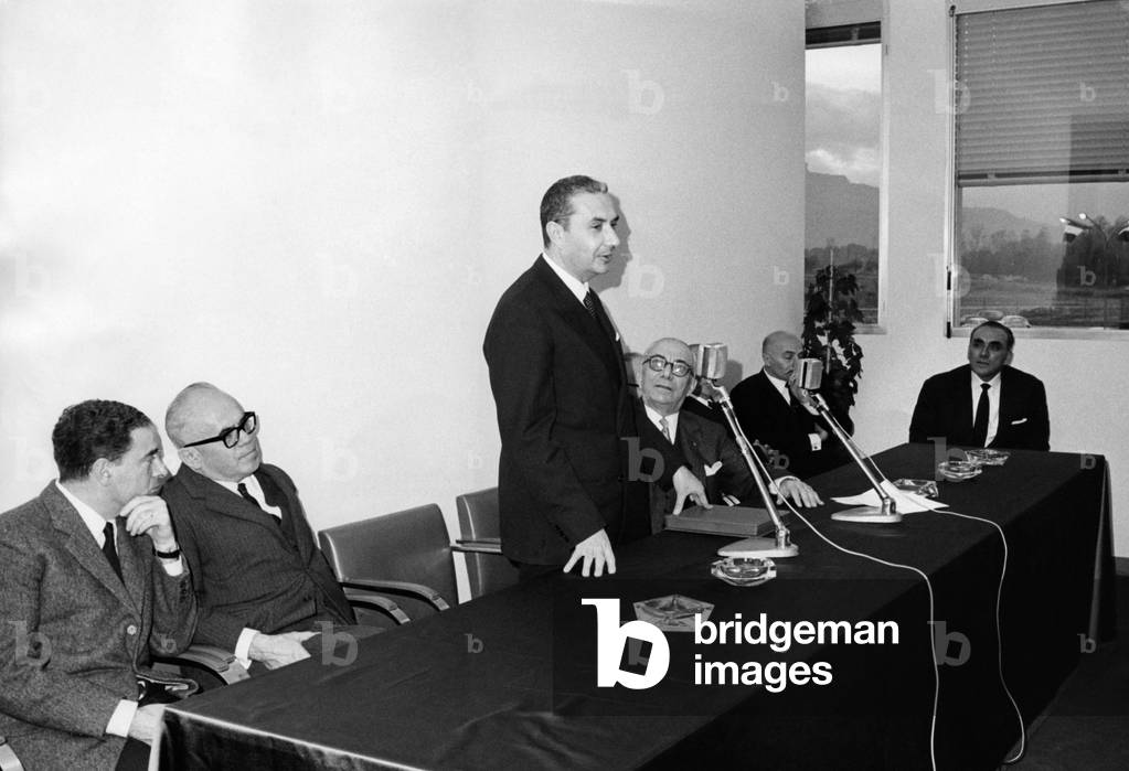 Aldo Moro, Arnoldo Mondadori and Giorgio Mondadori at the inauguration of the Mondadori paper factory in Ascoli Piceno, Italy, 1965 (b/w photo)
