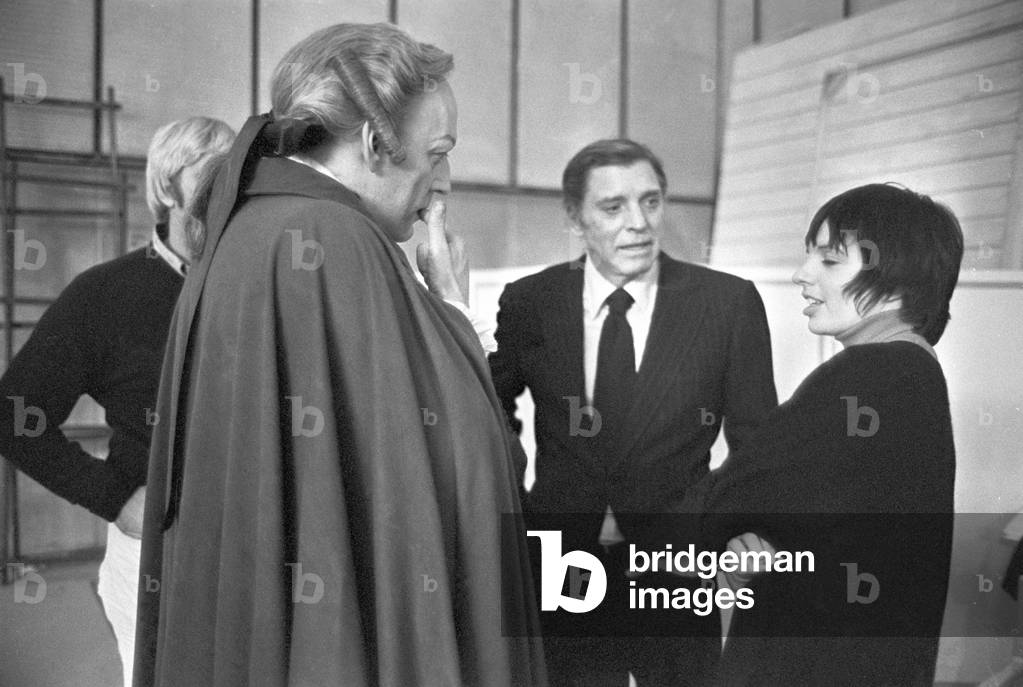 Liza Minnelli, Donald Sutherland and Burt Lancaster on the set of the film Fellini's Casanova (b/w photo)