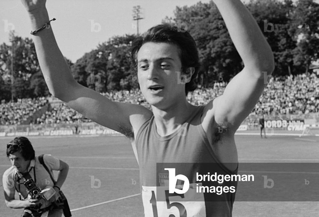 Pietro Mennea after the race he won, 1970 (b/w photo)