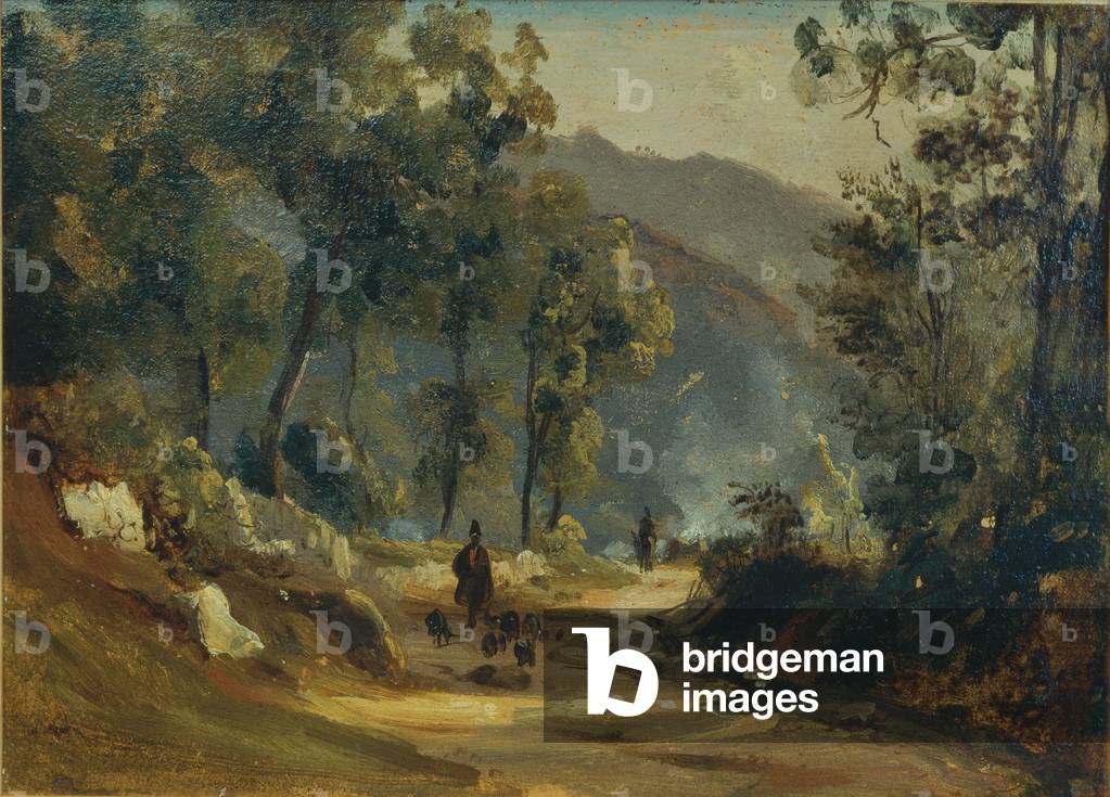 A path in the wood with shepherds (Strada in un bosco con pastori), 1835 (oil on paper applied on canvas)