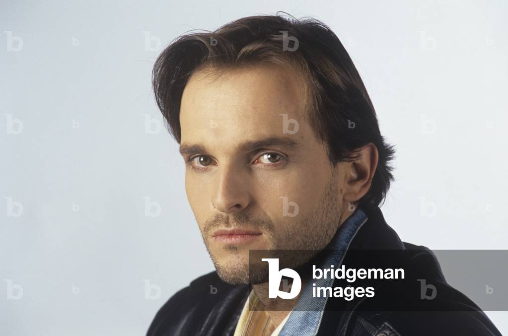 Portrait of Miguel Bosé in a leather jacket, Italy