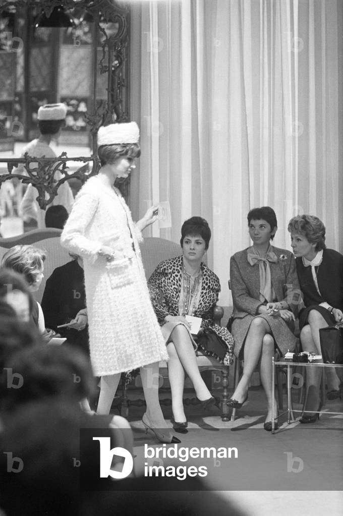 Gina Lollobrigida in a tailor's shop, France, Paris, 1963 (b/w photo)
