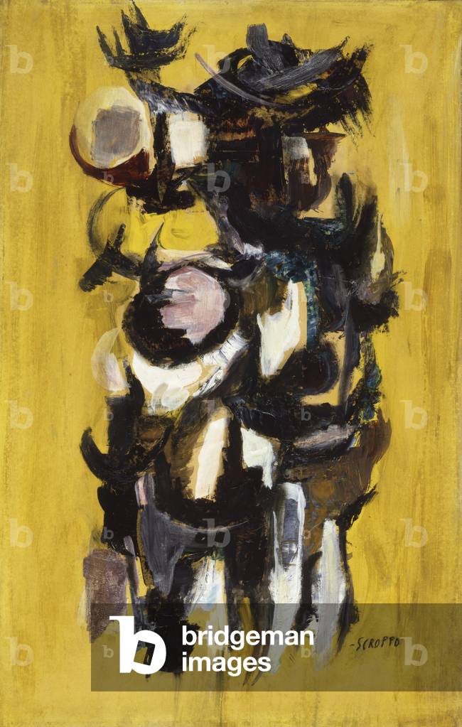 Trophy on yellow, by Filippo Scroppo, 1960, 20th Century, oil on cardboard, 80 x 50 cm