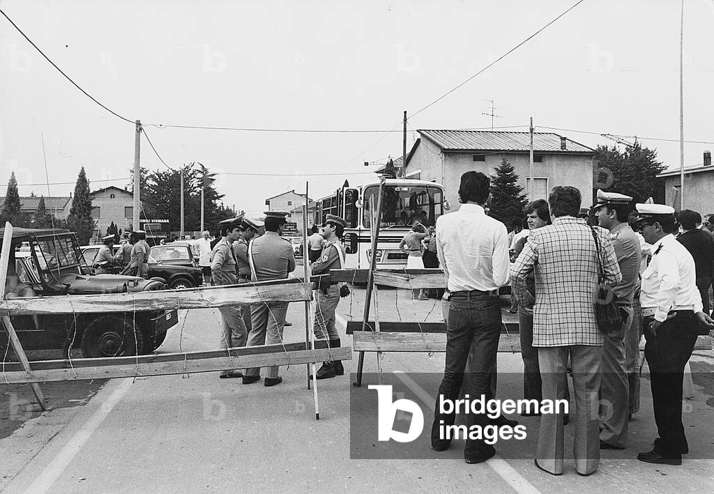 A roadblock in the polluted area around the ICMESA (Industrie Chimiche Meda SocietÌÊ Azionaria) factory, where one of the most serious environmental disasters in the Italian history happened, Seveso, Italy, April 1979 (photo)