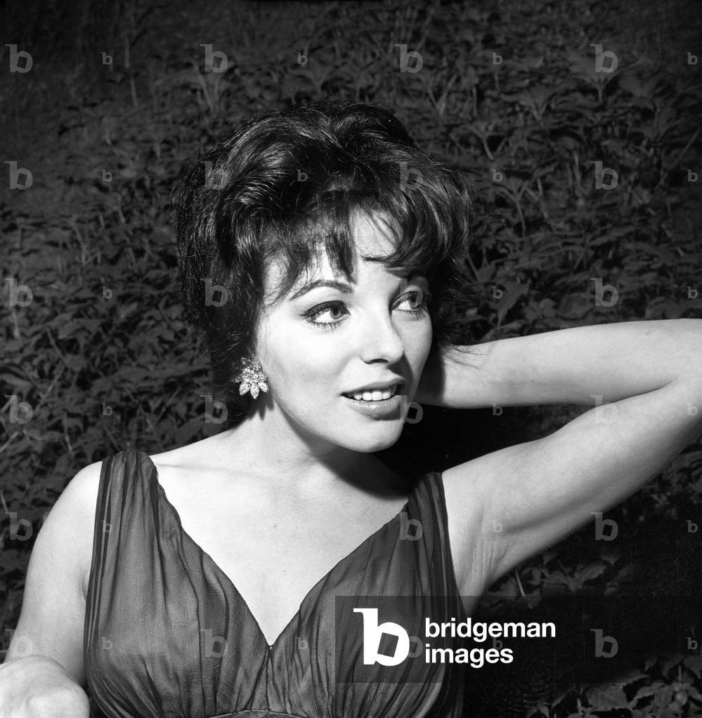 Joan Collins during a press conference, Italy, 1960 (b/w photo)
