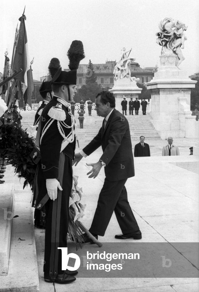 Richard Nixon visiting the Altar of the Fatherland in Rome, Italy, 1960 (b/w photo)