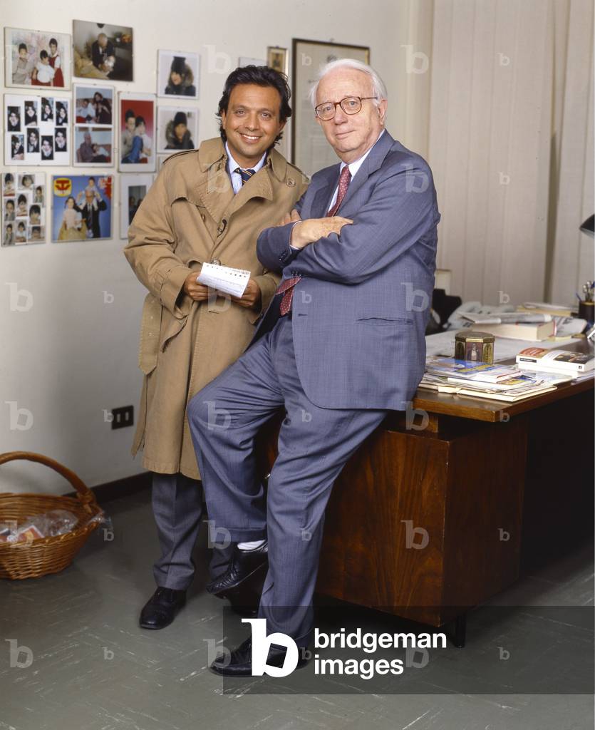 Piero Chiambretti with Enzo Biagi in his office, Milan, Italy