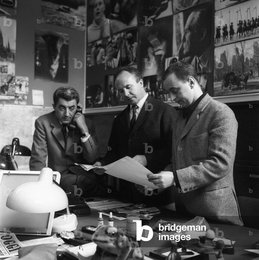 Mario De Biasi, Walter Mori and Sergio Del Grande at Epoca editorial office, Milan, Italy
