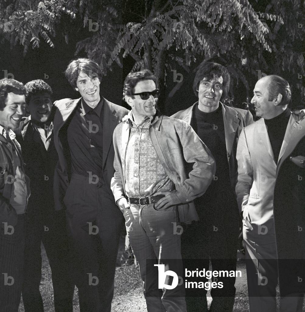 Pier Paolo Pasolini, Ninetto Davoli, Franco Citti, Laurent Terzieff and Sergio Citti on the film set of Ostia, Italy, 1970 (b/w photo)