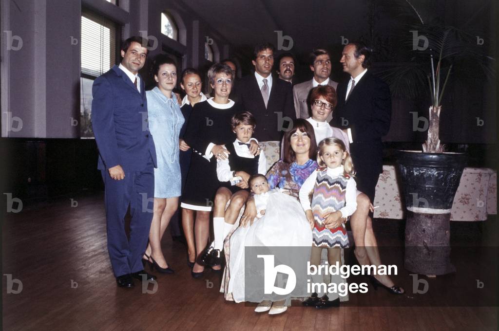 Giuliano Gemma and his wife Natalia Roberti with relatives and friends at the baptism of their child Giuliana, Italy