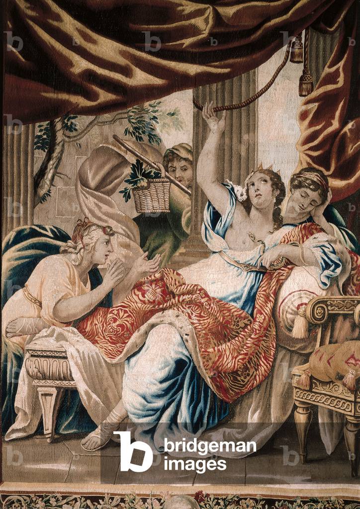 Death of Cleopatra, by Bruxelles Manifacture, Jerome Le Clerc, 1680 - 1685, 17th Century, woll and silk tapestry, with a warp made of 8 or 9 threads per cm