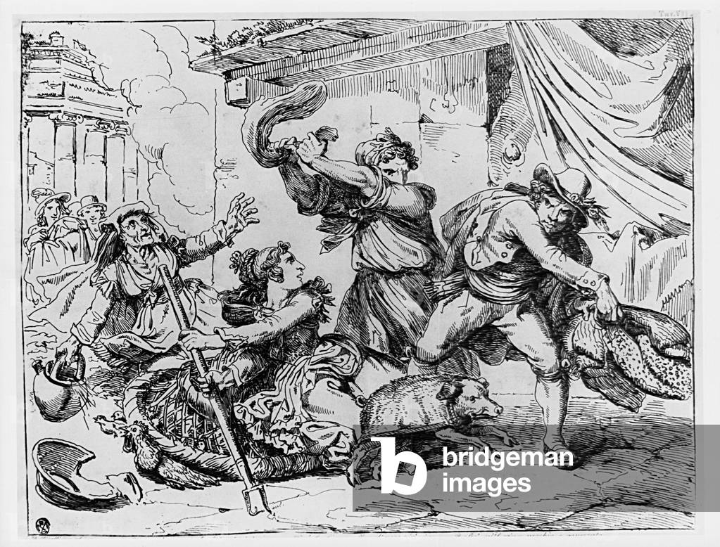 The effects of a bad joke (Gli effetti di un brutto scherzo), by Bartolomeo Pinelli, 19th Century (etching)