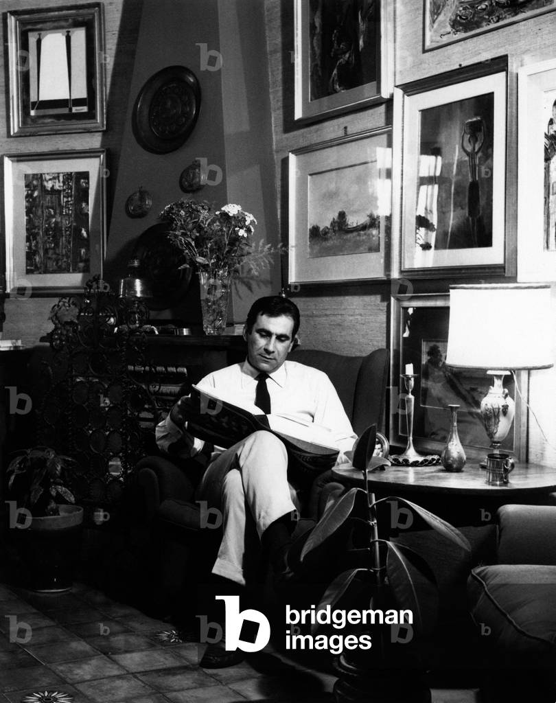 Alberto Lupo reading a book in his living room