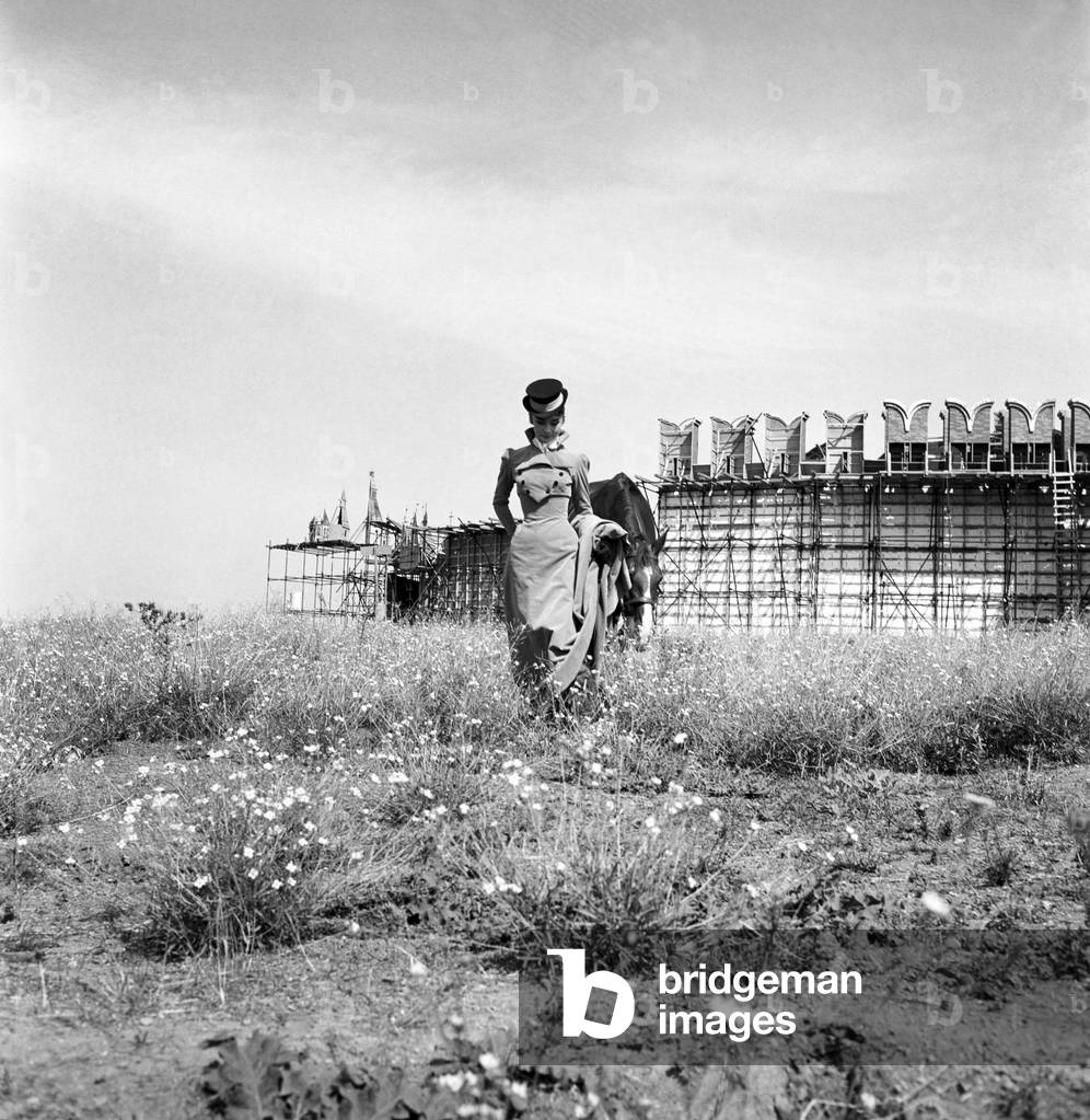 Audrey Hepburn on a field trip, Italy, 1956 (b/w photo)