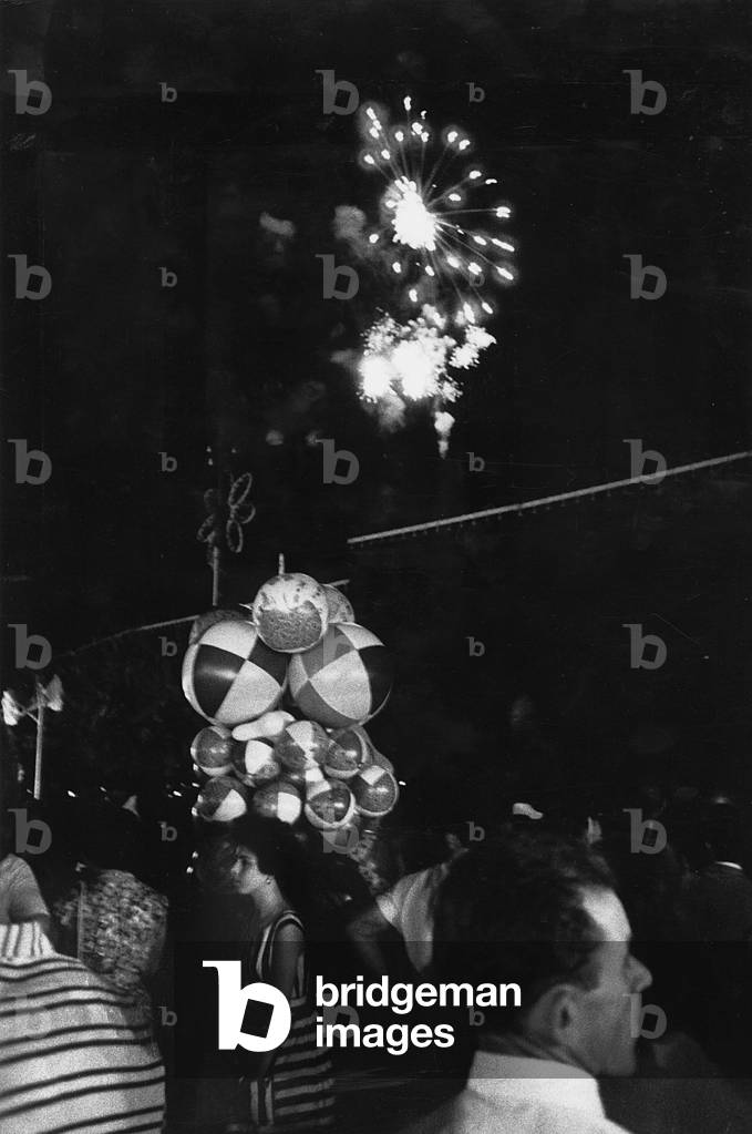 Fireworks at Feast of Santa Rosalia, Italy, 1950 (b/w photo)