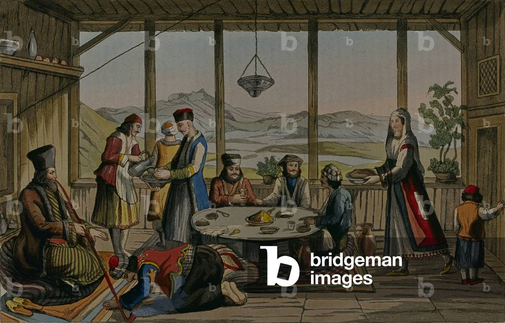 Greek Banquet, 1800-1850 (coloured lithograph)