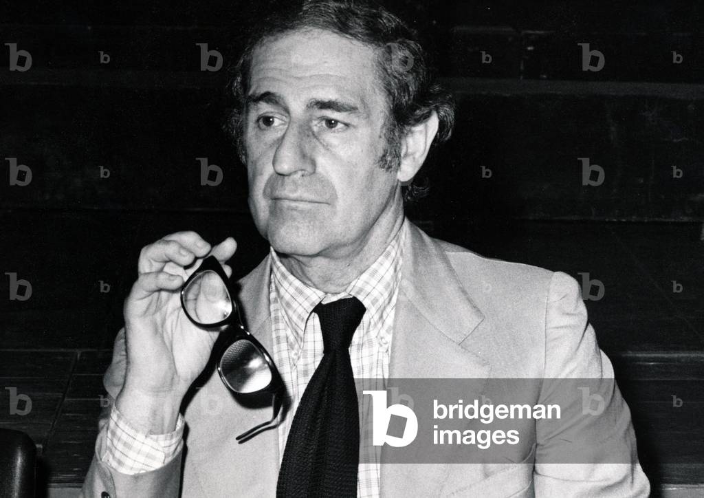 Gian Carlo Menotti attending a public meeting., 1970 (b/w photo)