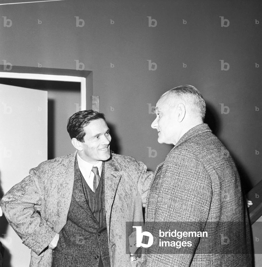 Alberto Moravia and Pier Paolo Pasolini chatting, Italy, 1956 (b/w photo)